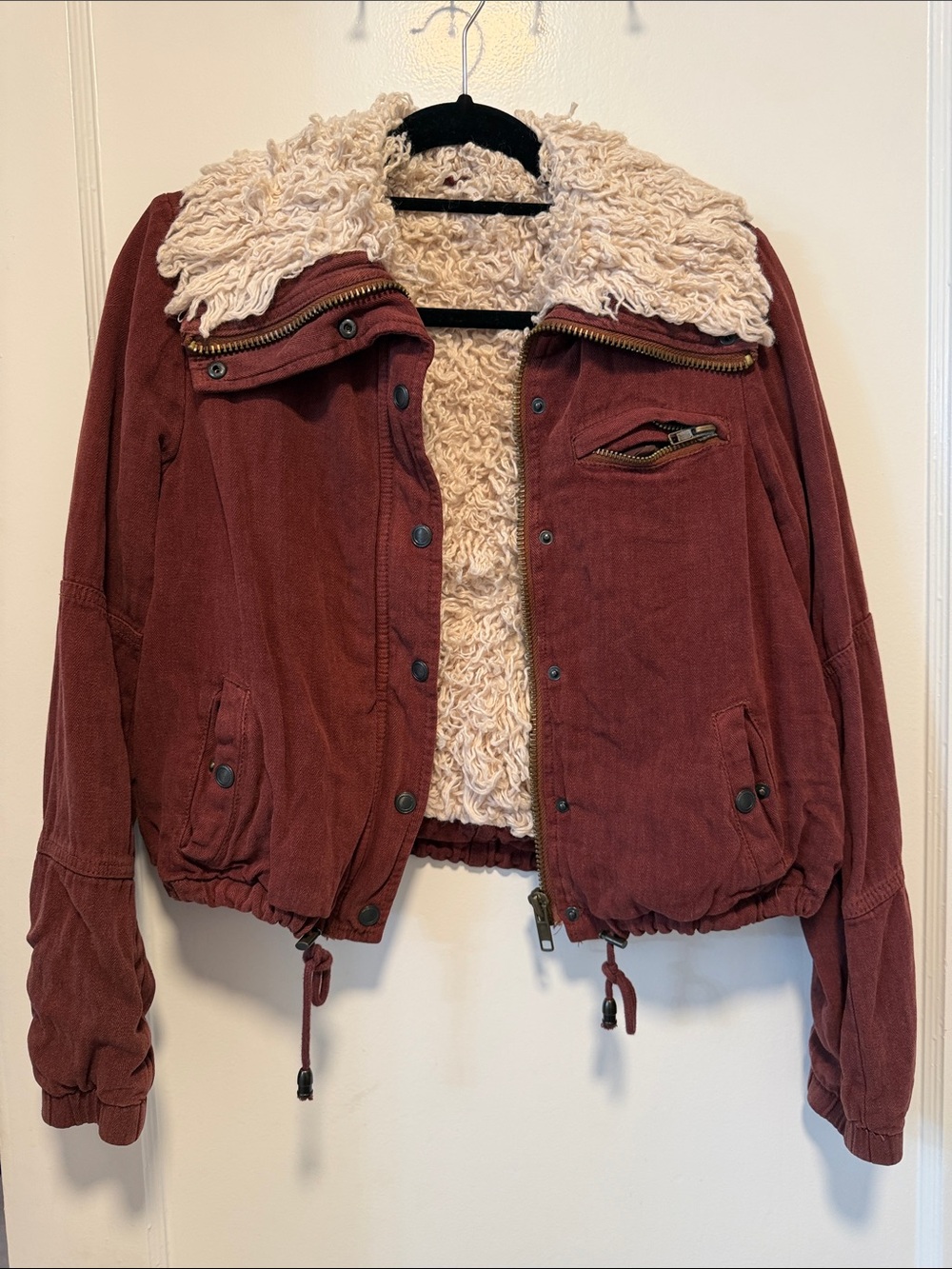 Free People Rust-Red Bomber Jacket with Cream Sherpa Lining